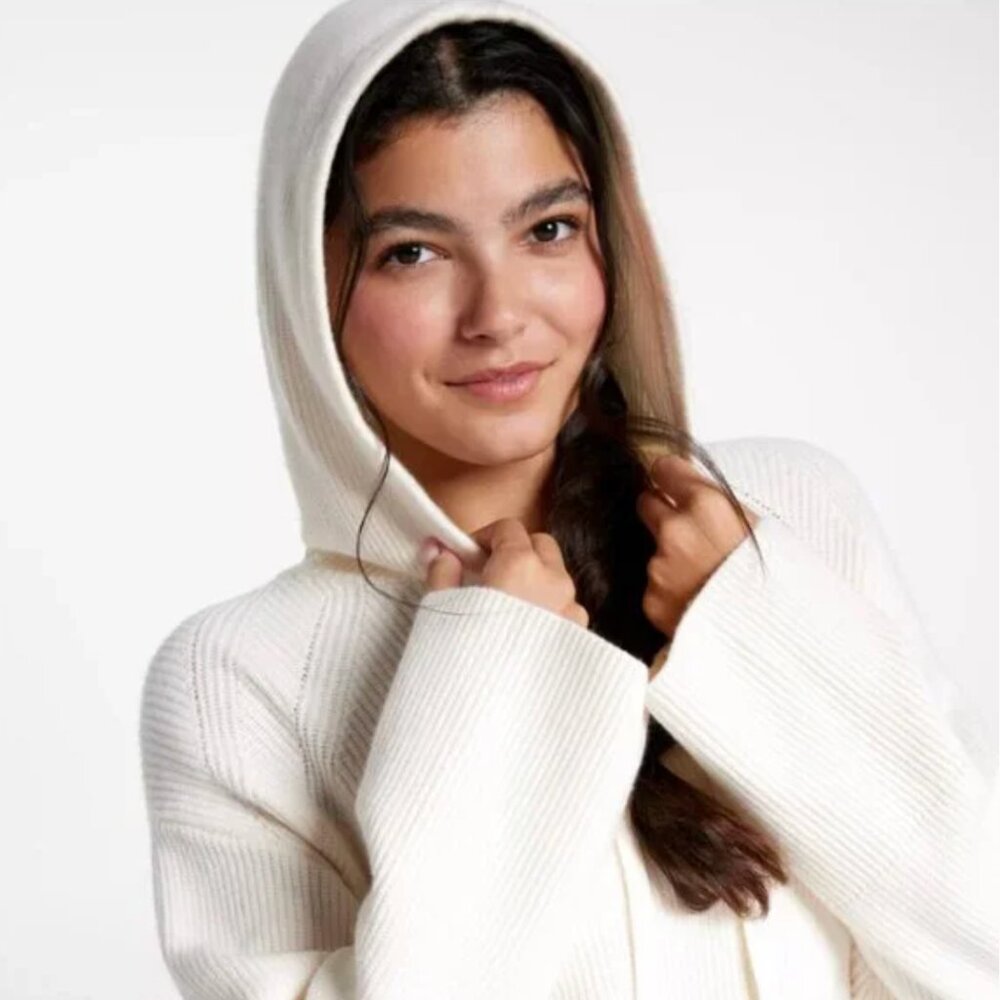 CALIA | Cashmere Blend Ribbed Knit Hooded Sweater Pullover in Cream | Small - Picture 2 of 14